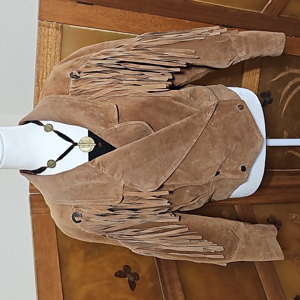 Vintage Boho Western Genuine Leather Tan Suede Fringe Jacket